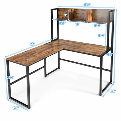 Industrial L-Shaped Desk Bookshelf 55 Inch Corner Computer Gaming Table-Brown