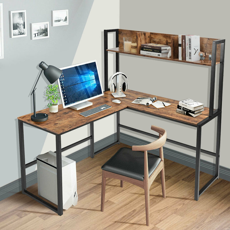 Industrial L-Shaped Desk Bookshelf 55 Inch Corner Computer Gaming Table-Brown