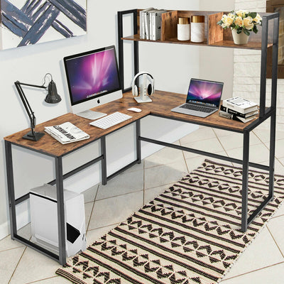 Industrial L-Shaped Desk Bookshelf 55 Inch Corner Computer Gaming Table-Brown