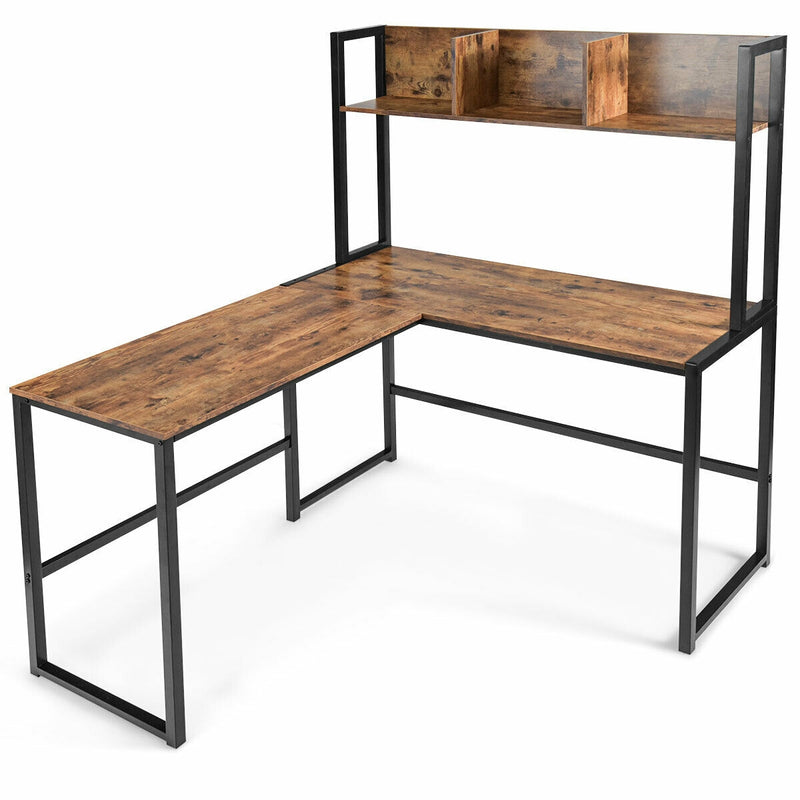 Industrial L-Shaped Desk Bookshelf 55 Inch Corner Computer Gaming Table-Brown