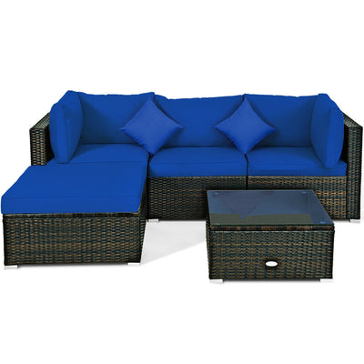 5 Pcs Outdoor Patio Rattan Furniture Set Sectional Conversation with Cushions-Navy