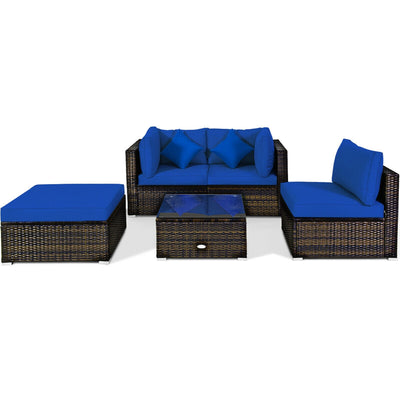 5 Pcs Outdoor Patio Rattan Furniture Set Sectional Conversation with Cushions-Navy