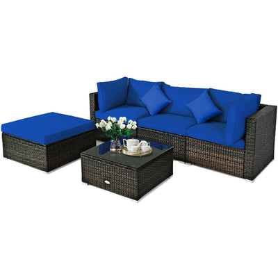 5 Pcs Outdoor Patio Rattan Furniture Set Sectional Conversation with Cushions-Navy