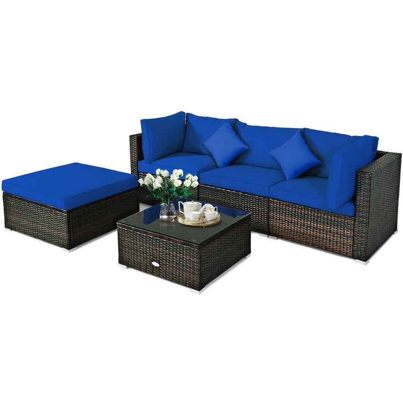 5 Pcs Outdoor Patio Rattan Furniture Set Sectional Conversation with Cushions-Navy