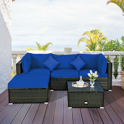 5 Pcs Outdoor Patio Rattan Furniture Set Sectional Conversation with Cushions-Navy