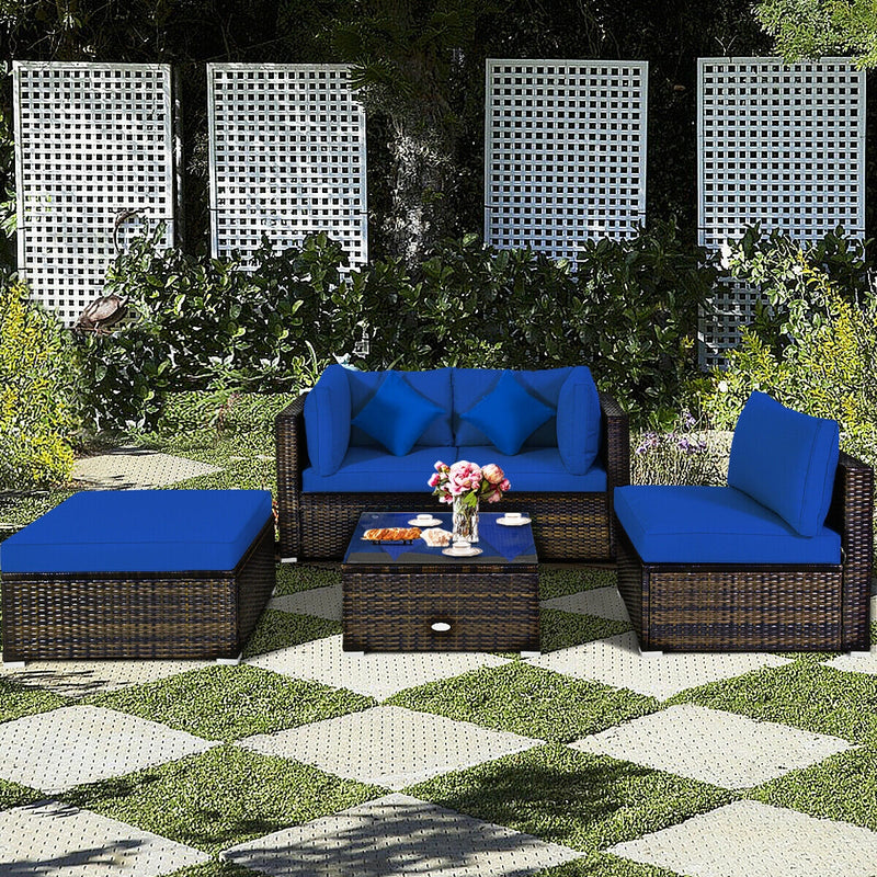 5 Pcs Outdoor Patio Rattan Furniture Set Sectional Conversation with Cushions-Navy