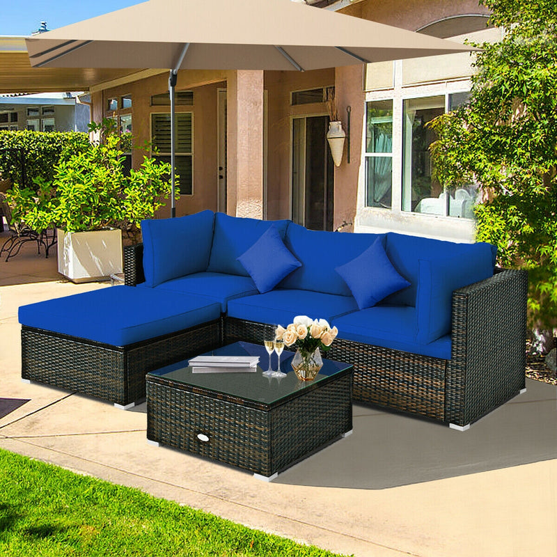 5 Pcs Outdoor Patio Rattan Furniture Set Sectional Conversation with Cushions-Navy