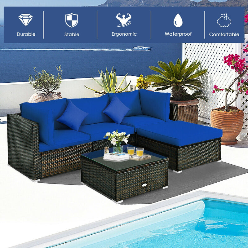 5 Pcs Outdoor Patio Rattan Furniture Set Sectional Conversation with Cushions-Navy