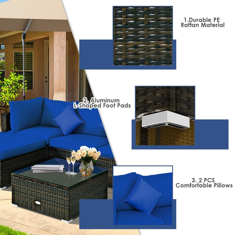 5 Pcs Outdoor Patio Rattan Furniture Set Sectional Conversation with Cushions-Navy