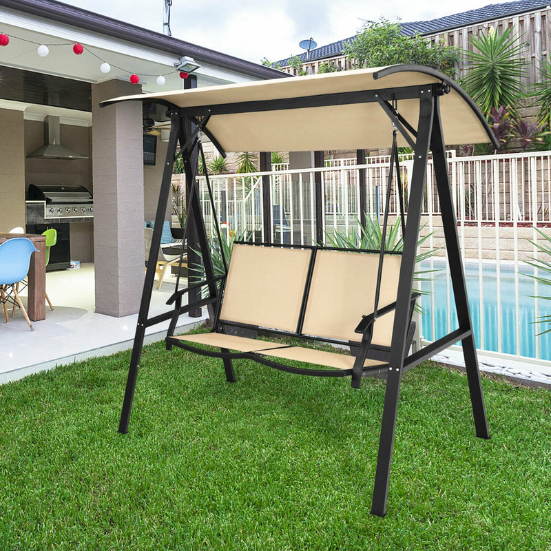 2 Person Patio Swing with Weather Resistant Glider and Adjustable Canopy-Beige