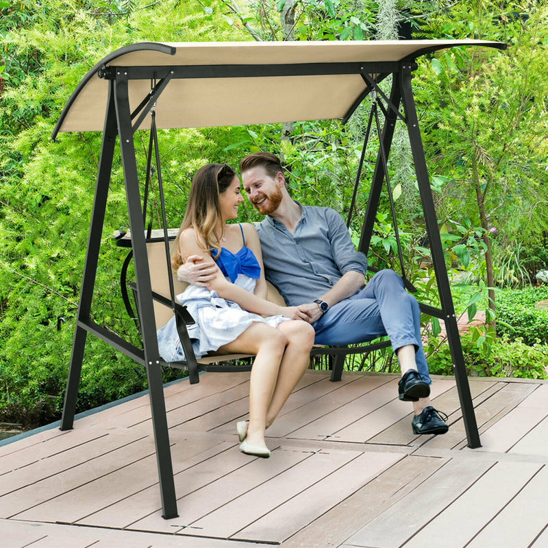 2 Person Patio Swing with Weather Resistant Glider and Adjustable Canopy-Beige