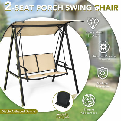 2 Person Patio Swing with Weather Resistant Glider and Adjustable Canopy-Beige