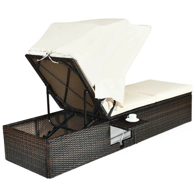 Outdoor Chaise Lounge Chair with Folding Canopy-White