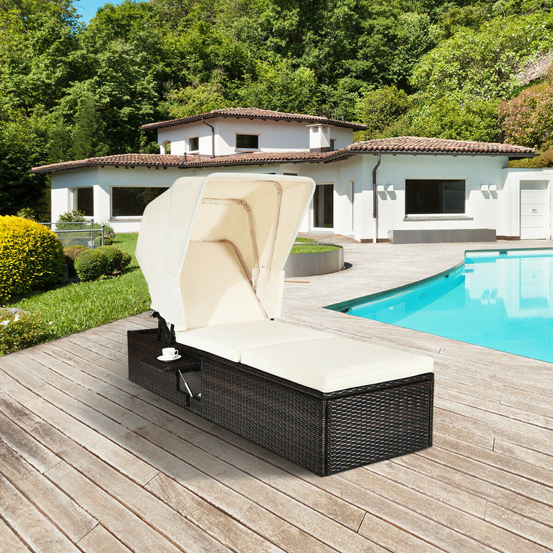 Outdoor Chaise Lounge Chair with Folding Canopy-White