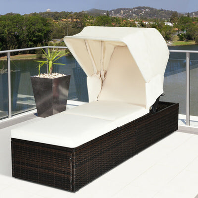 Outdoor Chaise Lounge Chair with Folding Canopy-White