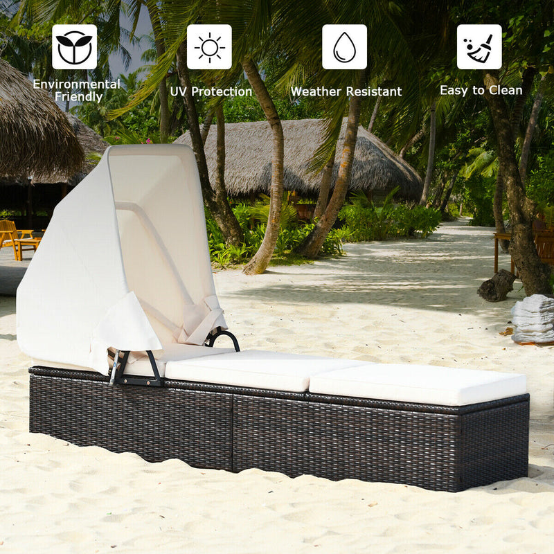 Outdoor Chaise Lounge Chair with Folding Canopy-White