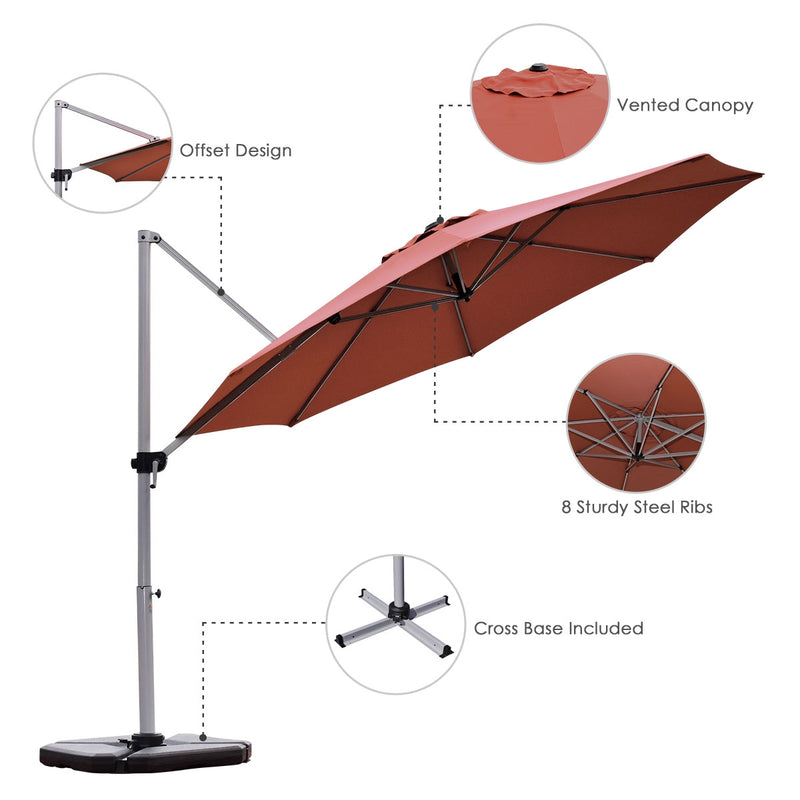 11 Feet Patio Offset Cantilever Umbrella 360° Rotation Aluminum Tilt-Brick Red