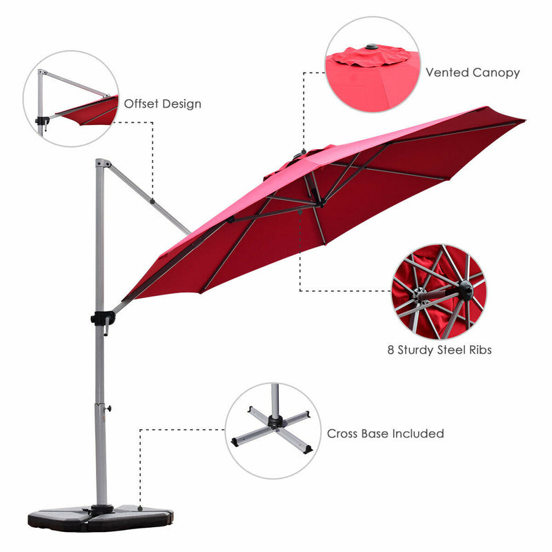 11 Feet Patio Offset Cantilever Umbrella 360° Rotation Aluminum Tilt-Red