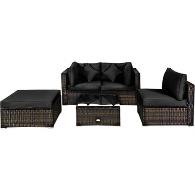 5 Pcs Outdoor Patio Rattan Furniture Set Sectional Conversation with Cushions-Black