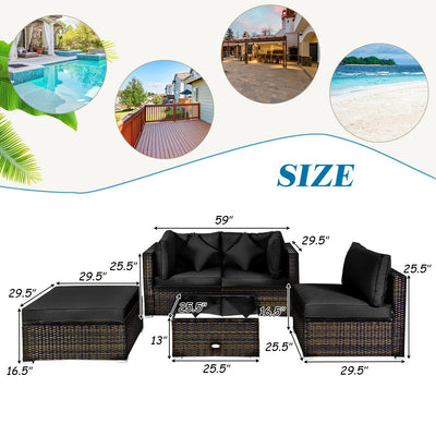 5 Pcs Outdoor Patio Rattan Furniture Set Sectional Conversation with Cushions-Black