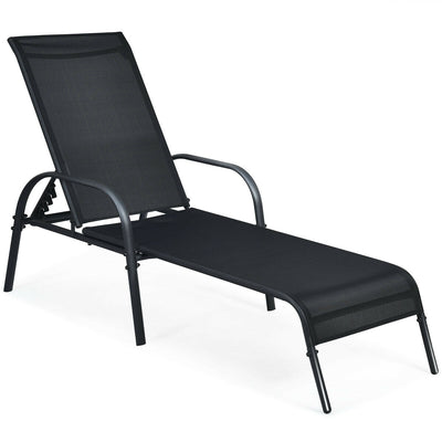 2 Pieces Outdoor Patio Lounge Chair Chaise Fabric with Adjustable Reclining Armrest-Black