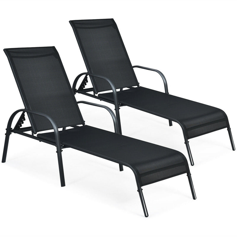 2 Pieces Outdoor Patio Lounge Chair Chaise Fabric with Adjustable Reclining Armrest-Black