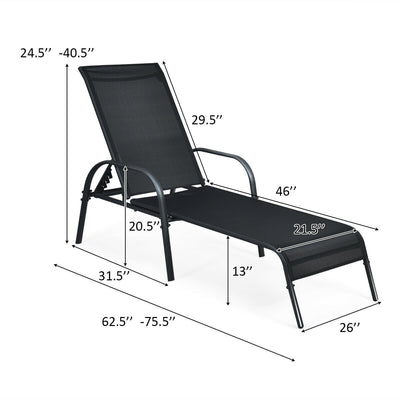 2 Pieces Outdoor Patio Lounge Chair Chaise Fabric with Adjustable Reclining Armrest-Black