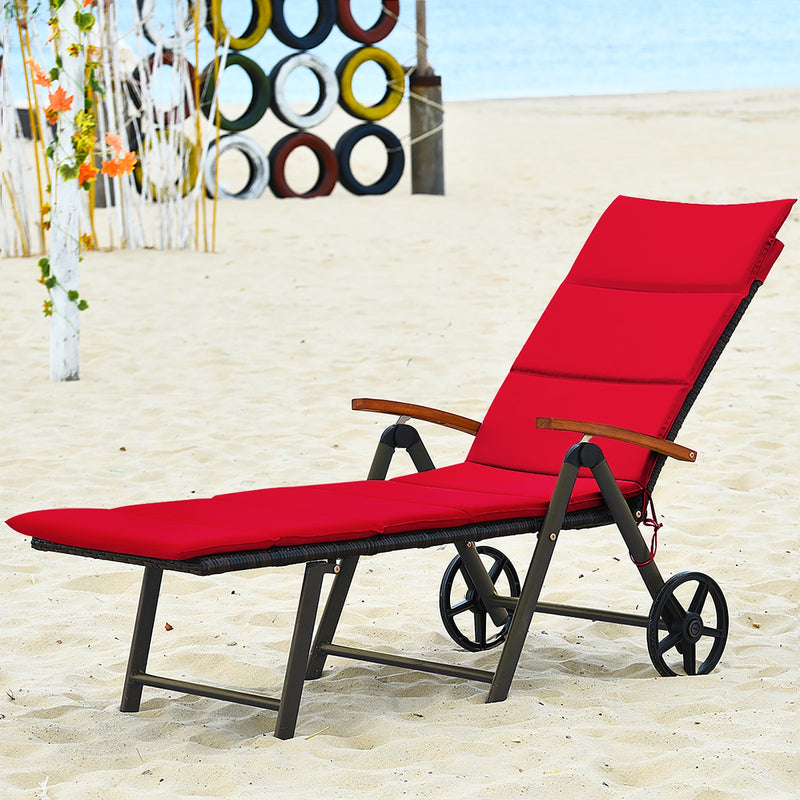 Outdoor Chaise Lounge Chair Rattan Lounger Recliner Chair-Red