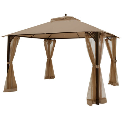 12 x 10 Feet Outdoor Double Top Patio Gazebo with Netting-Brown