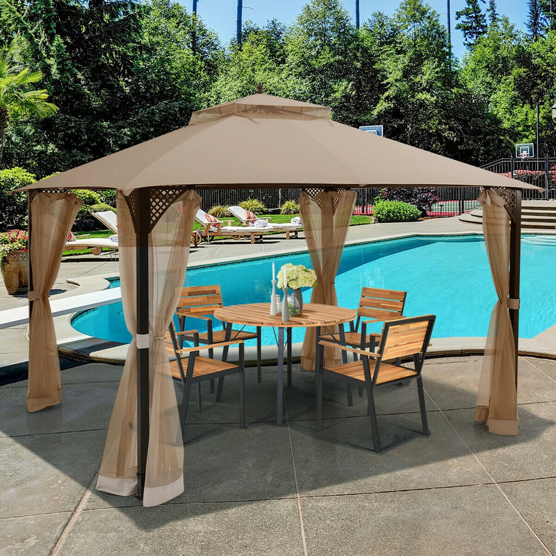 12 x 10 Feet Outdoor Double Top Patio Gazebo with Netting-Brown