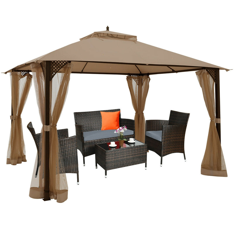 12 x 10 Feet Outdoor Double Top Patio Gazebo with Netting-Brown