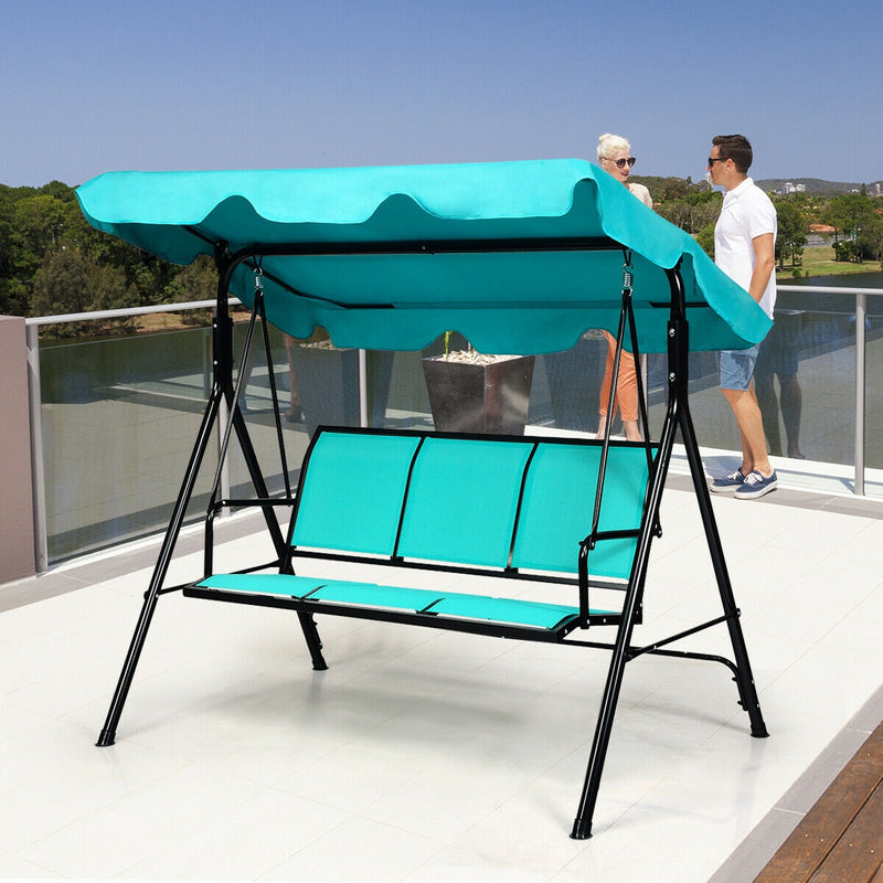 3 Person Patio Swing with Polyester Angle Adjustable Canopy and Steel Frame-Blue