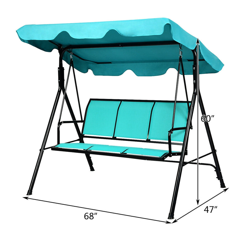 3 Person Patio Swing with Polyester Angle Adjustable Canopy and Steel Frame-Blue