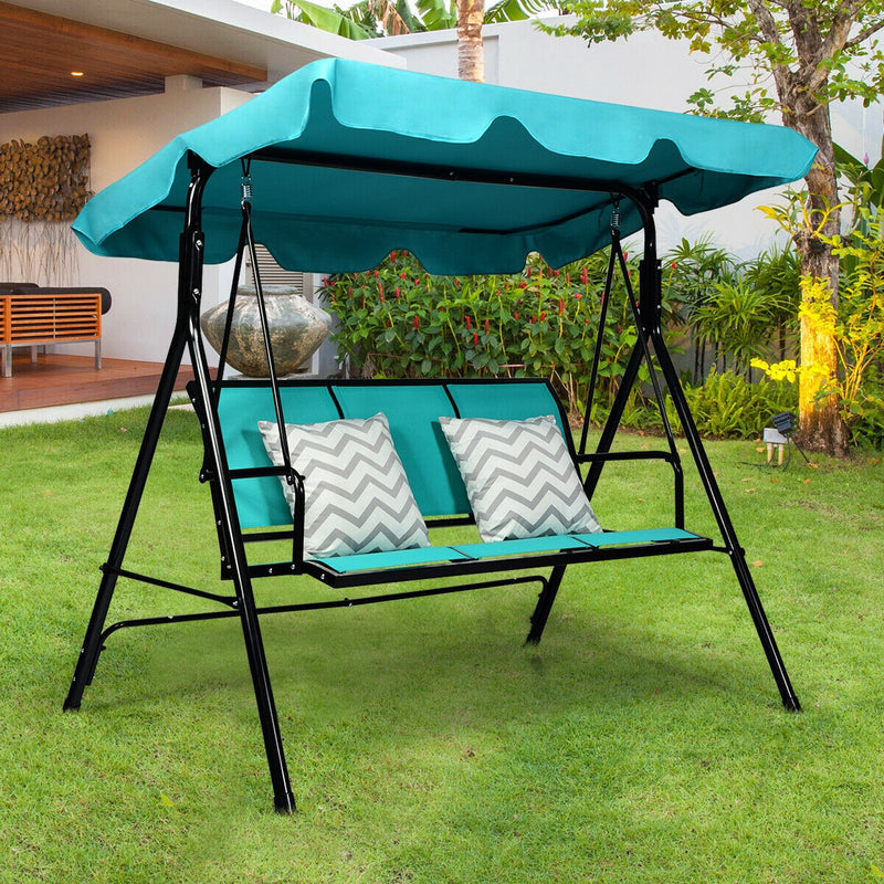 3 Person Patio Swing with Polyester Angle Adjustable Canopy and Steel Frame-Blue