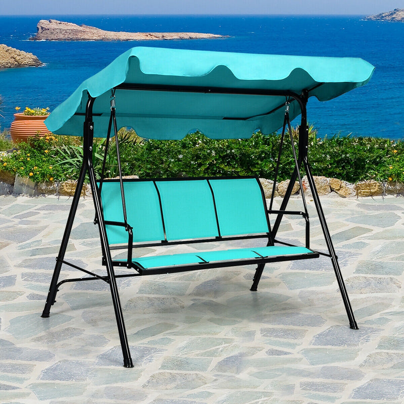 3 Person Patio Swing with Polyester Angle Adjustable Canopy and Steel Frame-Blue