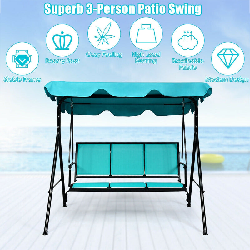 3 Person Patio Swing with Polyester Angle Adjustable Canopy and Steel Frame-Blue