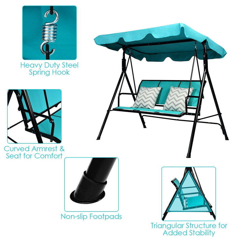 3 Person Patio Swing with Polyester Angle Adjustable Canopy and Steel Frame-Blue