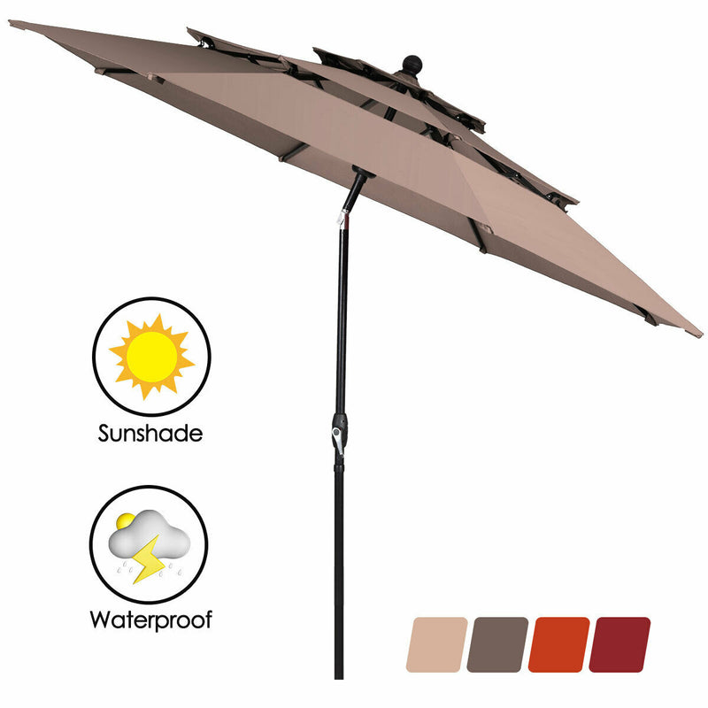 10ft 3 Tier Outdoor Patio Umbrella with Double Vented-Tan