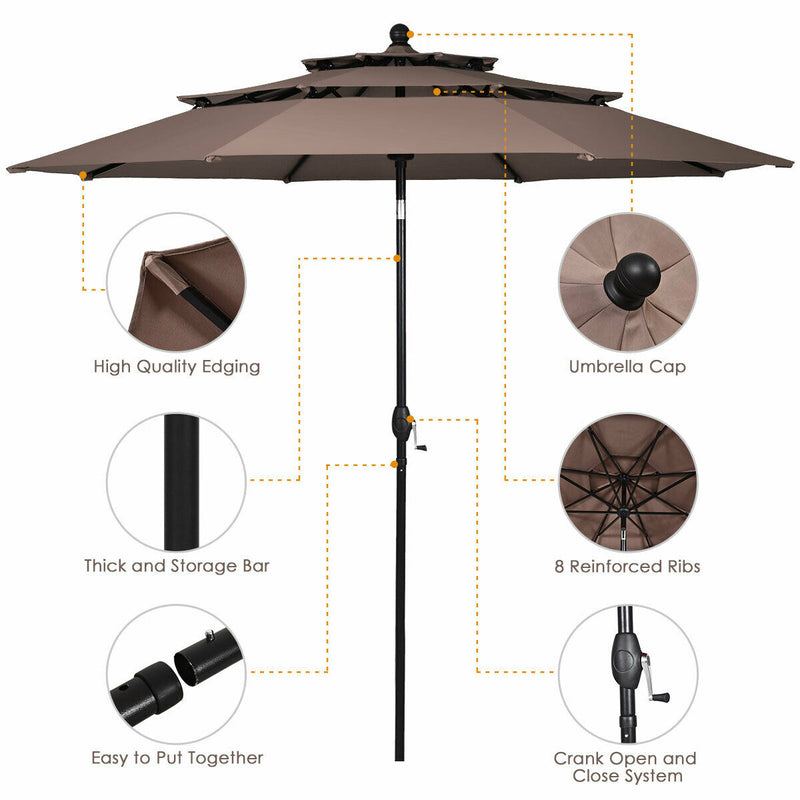 10ft 3 Tier Outdoor Patio Umbrella with Double Vented-Tan