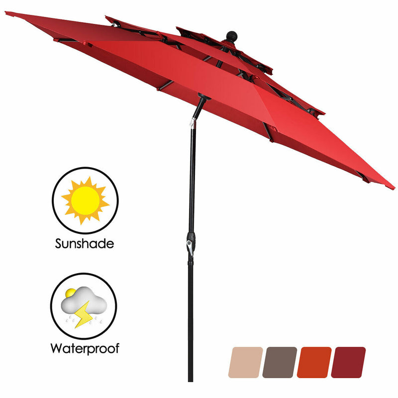 10ft 3 Tier Outdoor Patio Umbrella with Double Vented-Burgundy