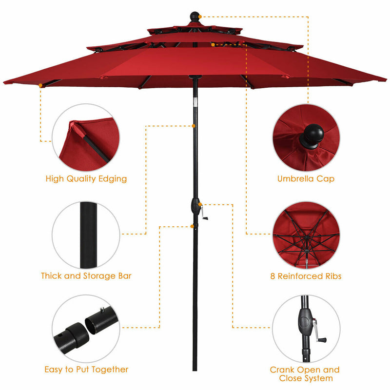 10ft 3 Tier Outdoor Patio Umbrella with Double Vented-Burgundy