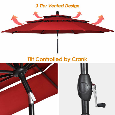 10ft 3 Tier Outdoor Patio Umbrella with Double Vented-Burgundy