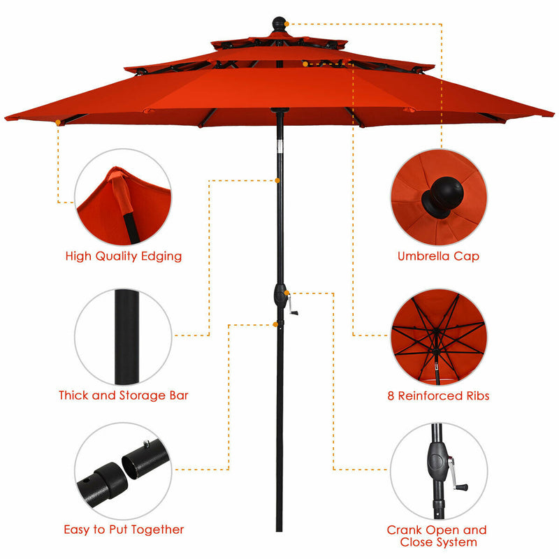 10ft 3 Tier Outdoor Patio Umbrella with Double Vented-Orange