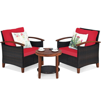 3 Pcs Solid Wood Frame Patio Rattan Furniture Set-Red