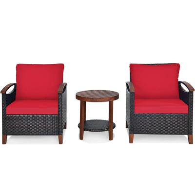 3 Pcs Solid Wood Frame Patio Rattan Furniture Set-Red