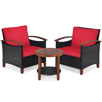 3 Pcs Solid Wood Frame Patio Rattan Furniture Set-Red