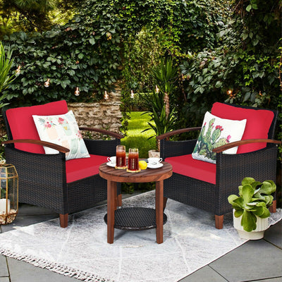 3 Pcs Solid Wood Frame Patio Rattan Furniture Set-Red