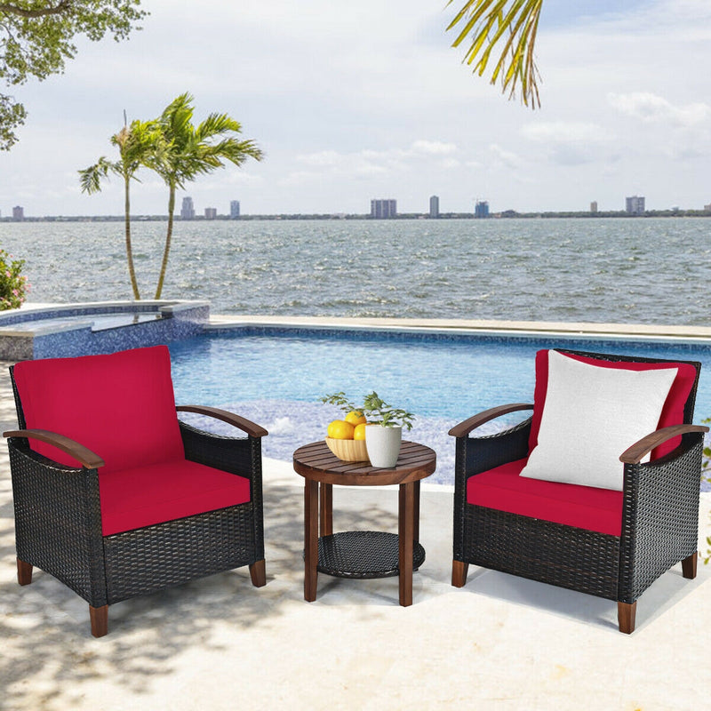 3 Pcs Solid Wood Frame Patio Rattan Furniture Set-Red