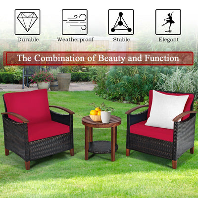 3 Pcs Solid Wood Frame Patio Rattan Furniture Set-Red