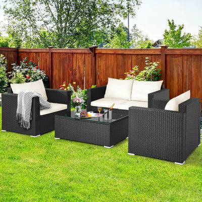 4 Pieces Patio Rattan Cushioned Furniture Set-White